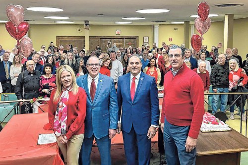OB_valentinesday_013124 Councilwoman Vicki Walsh, Town Clerk Rich LaMarca, Supervisor Saladino and Tax Receiver Jeff Pravato celebrate with over 100 couples at the 2023 Valentine’s Day Vow Renewal ceremony at Town Hall. (Photo courtesy the Town of Oyster Bay)