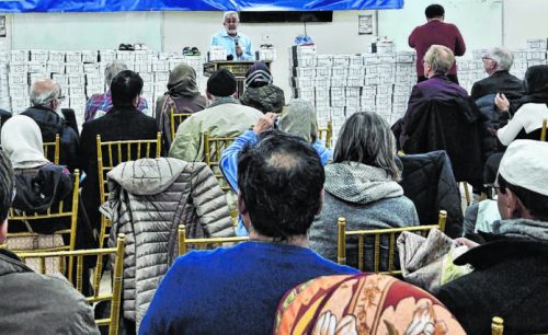 On January 14, the Islamic Center of Long Island in Westbury hosted interfaith speakers and donated 500 pairs of shoes to local families in need in honor of the children killed in Gaza and the West Bank since Oct. 7, 2023. (Credit: Bruce Levy)