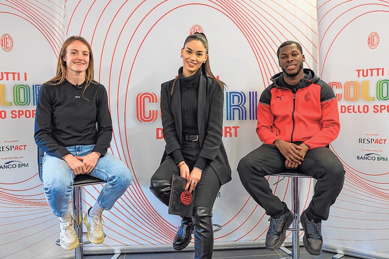 AC Milan ‘Tutti I Colori Dello Sport’ Event Milan TV host Licia Virdis (middle) mediates Yunus Musah (right) and Christy Grimshaw (left), as well as other players, to discuss inclusivity, equity and inclusion in professional soccer.(Photo courtesy of AC Milan S.p.A.)