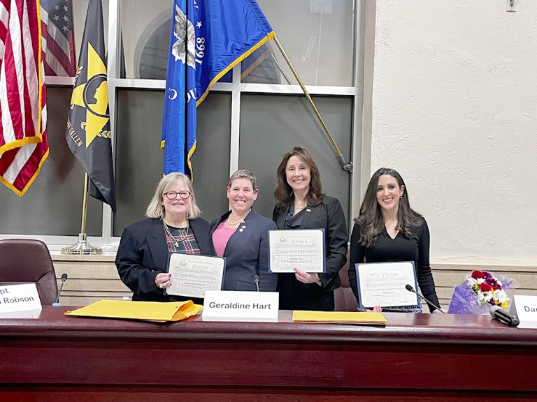 GC_womenshistorymonth_cover Cynthia Robson, left, Glen Cove City Councilwoman Marsha Silverman, Geraldine Hart and Dana Arschin at the Female First panel from the City of Glen Cove. (Photo by Jennifer Corr)