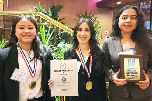 From the left: Honorable mention recipient Lillian Wu, honorable mention and special award recipient Nicole Kiaei, and second-place winner Nicole Yeroushalmi from North High were among nine LISEF award winners from the Great Neck Public Schools. (Contributed photo)