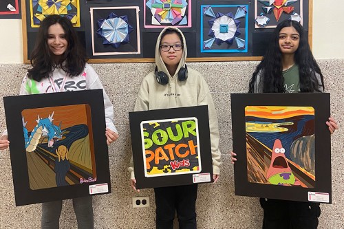 Sans titre-1 (1) (From left) Willets Road School seventh-graders Selena Chirls, Chloe Yeung and Aanya Trivedi from the East Williston Union Free School District recently participated in the prestigious 20th annual Art Supervisors Association All County Art Exhibition. (Contributed photo)