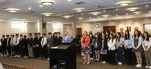 Great Neck South boys and girls fencing teams being recognized at a recent Nassau County Legislature meeting. 
(Photo from the Office of Legislator Mazi Melesa Pilip)