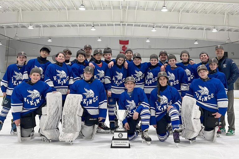 The Port Washington/Manhasset/Herricks Middle School ice hockey team wins the championships (Photo from Kam Chang)