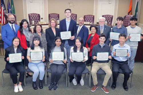 Regeneron_A Members of the North Hempstead Town Board pictured with some of the town’s Regeneron-winning students. (Contributed photo)