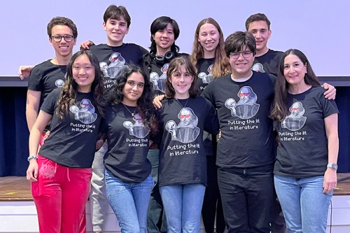Back row, from the left: Julian Kimball, Ben Salit, Chiara Amodeo, Isabel Epstein and Ben Gordon.
Front row, from the left: Leah Dong, Liesha Sewani, Sadie Poulsen, Max Siskin and Donna Valenti (Faculty Coordinator)
(Photo from the Port Washington School Ditrict)
