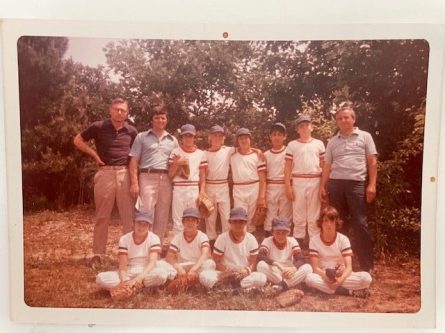 The Gulfprides before the big game. Front Row: Jim Danze, Gene Rondinelli, Simon Klarides, Bill Blaser and Ray Scott. Back Row: Coach Tolley, coach Annunziata, Ken Kandigian, Ed Tolley, Dave Annunziata, Mark Vietri, Chris Kivlin and Manager Jim Vigilis