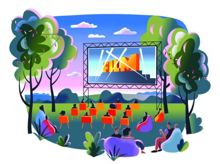 Outdoor cinema, open air movie night. Screen with film outdoor theatre vector illustration. Happy people sitting on chairs in park. City entertainment event on summer night North Hempstead is hosting movies in the park this summer (Getty Images)