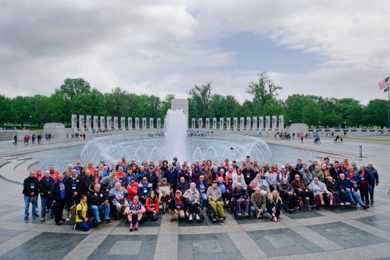 HonorFlight_A Vietnam and Korean War veterans, with Honor Flight Long Island Guardians and Officials, at Washington, D.C., World War II Memorial, on May 4, 2024. (Photo by Mark Chamberlain for HFLI)