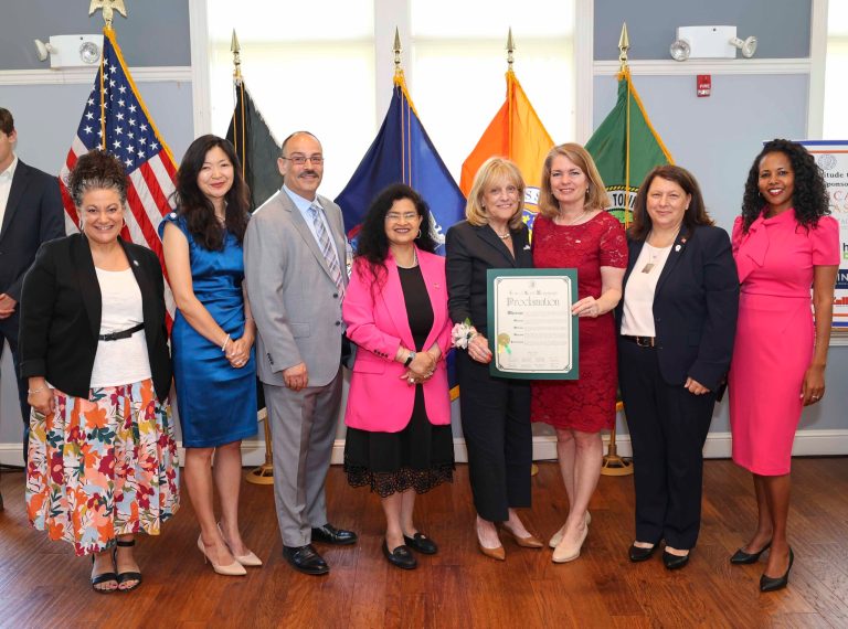 From the left: Assemblywoman Gina Sillitti, Town Councilmember Christine Liu, Town Councilmember Edward Scott, Town Clerk Ragini Srivastava, Honoree Dorothy Forte, Town Supervisor Jennifer DeSena, Town Councilmember Mariann Dalimonte and Legislator Mazi Pilip