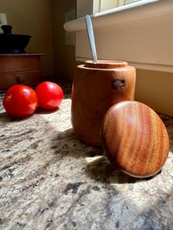 A cherry jar with a mahogany lid gets good use in the kitchen. (Anni Levin/@creating_anni)