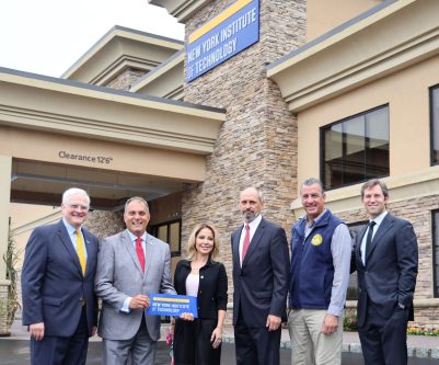 Left to right, NYIT President Dr. Henry Foley, Oyster Bay Town Supervisor Joseph
Saladino, Jericho School Board Trustee Jennifer Vartanov, PX4 Managing Partner Michael Puntillo,
Oyster Bay Town Receiver of Taxes Jeffrey Pravato and PX4 Development Parter Michael Puntillo, Jr (Photo provided by the Town of Oyster Bay)