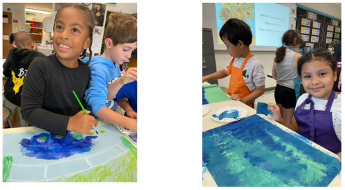 Harbor Hill Artists First-grader, left, practices Monet's water lilies. Third-grader, right, practices Van Gogh's sunflowers (Photo courtesy of Roslyn Public Schools)